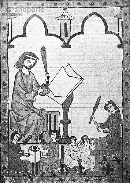 Lehrer und Kind im Mittelalter aus dem Codex Manesse  Manesse Codex  oder Große Heidelberger Liederhandschrift  1250  Holzschnitt  Deutschland  Europa