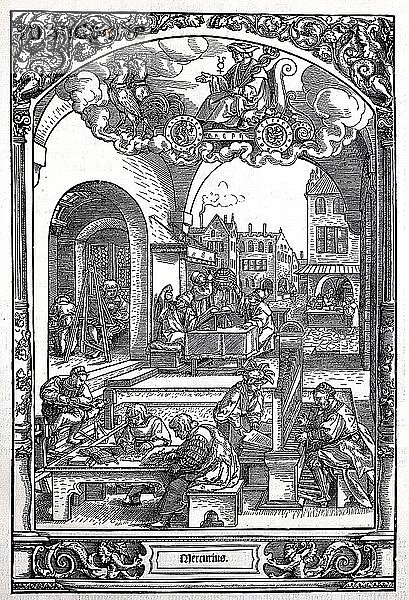 Städtisches Leben in Deutschland in der ersten Hälfte des 16. Jahrhunderts  Darstellung verschiedener Stände und Berufe  Kaufmann  Schriftsteller  Organist Artz  Astrologe  Maler  1880  Holzschnitt  Deutschland  Europa