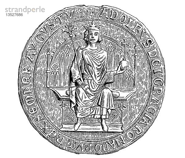 Das Siegel des Adolf von Nassau mit der Umschrift Adolfus Dei Gracia Romanorum Rex Semper Augustus  Holzschnitt  Deutschland  Europa