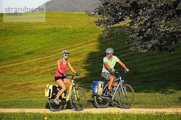 Radfahrer auf dem Mozart-Radweg  Chiemgau  Oberbayern  Deutschland  Europa