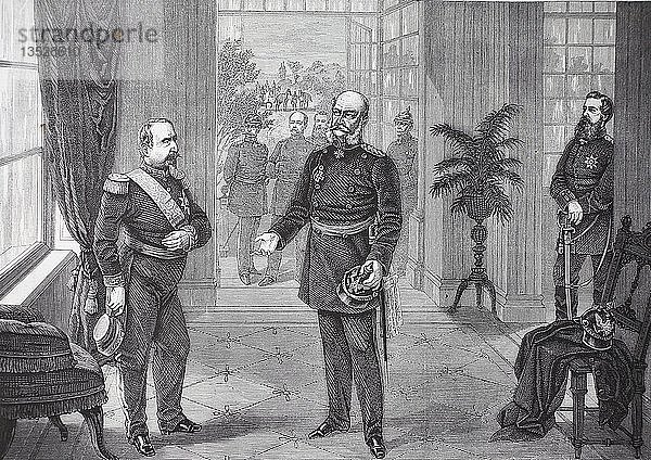 Gefangennahme von Napoleon III. durch König Wilhelm im Schloss Bellevue bei Sedan am 2. September 1870  Frankreich  Deutsch-Französischer Feldzug 1870/1871  Holzschnitt  Frankreich  Europa