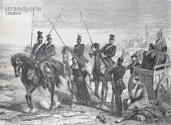 Gefangennahme eines französischen Spions bei Metz am 23. August 1870  Frankreich  Deutsch-Französischer Krieg 1870/1871  Holzschnitt  Frankreich  Europa