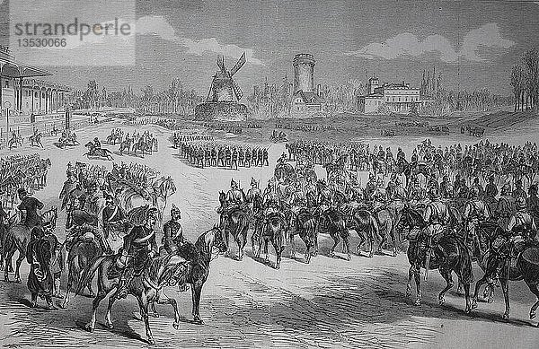 Die Kaiserparade auf Longchamp bei Paris am 3. März 1871  Holzschnitt  Frankreich  Europa