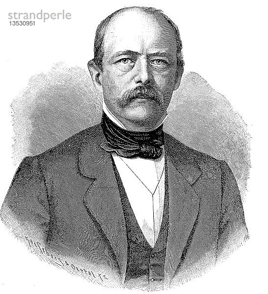 Otto Eduard Leopold  Fürst von Bismarck  1. April 1815  30. Juli 1898)  bekannt als Otto von Bismarck  preußischer Staatsmann  Holzschnitt  Deutschland  Europa