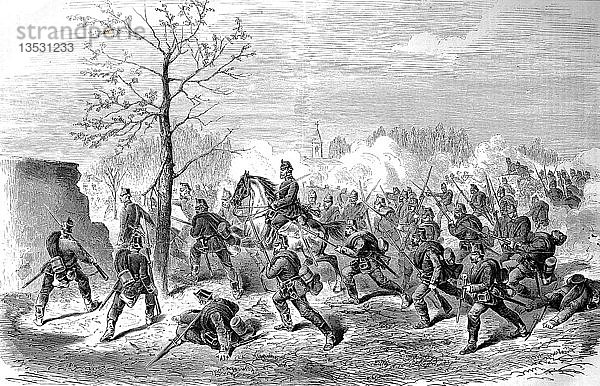 Angriff der preußischen Wachen auf das Dorf Le Bourget am 30. Oktober  Deutsch-Französischer Krieg 1870/71  Holzschnitt  Frankreich  Europa