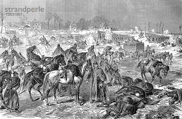 Württembergische und sächsische Truppen im Granatfeuer bei Villiers am 30. November  Deutsch-Französischer Krieg 1870/71  Holzschnitt  Frankreich  Europa