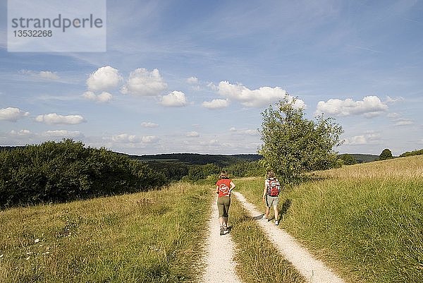 Zwei Wanderer auf einem Feldweg bei Riedenburg im Naturpark Altmühltal  Bayern  Deutschland  Europa