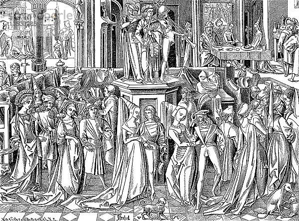 Stadtleben im 15. Jahrhundert  bei einem patrizischen Tanzfest  die Oberschicht  bestehend aus Mitgliedern des niederen Adels  wohlhabenden Kaufleuten und Ministerialen  Holzschnitt  Land unbekannt