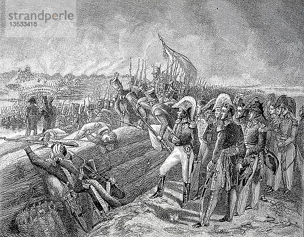 Schlacht von Trocadero am 31. August 1823  die französische Armee erobert die Festung auf der Insel Trocadero vor der spanischen Stadt Cádiz und beendet die spanische Revolution  Holzschnitt  Spanien  Europa