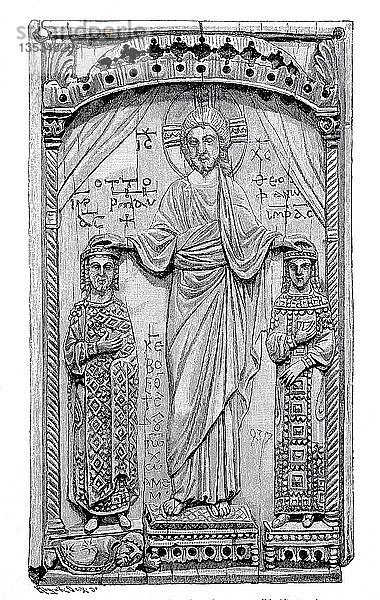 Otto II. und seine Frau Theophano werden von Christus gesegnet  Elfenbeinschnitzerei auf einem Kästchen  Reliquienschrein  im Hotel Cluny in Paris  1880  Holzschnitt  Frankreich  Europa