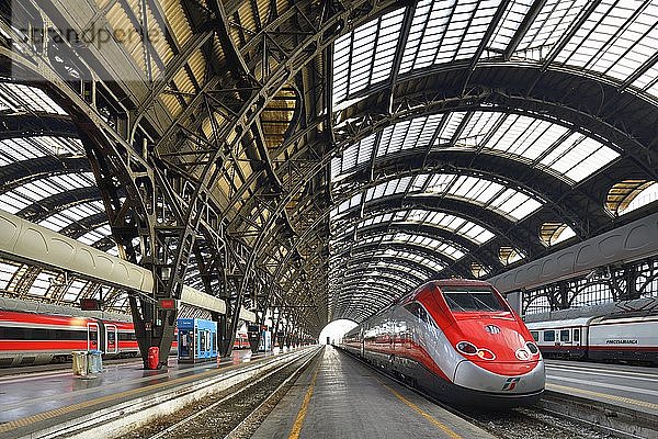 Halle im Hauptbahnhof  Stazione Centrale  mit Frecciarossa-Hochgeschwindigkeitszügen  Mailand  Lombardei  Italien  Europa