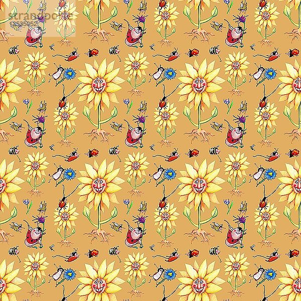 Geschenkpapier  Tapete  Hintergrund braun  beige  nahtloses Muster  Wildwiese  Sonnenblumen  Wiesenblumen  Käfer  Hummeln  Bienen  Marienkäfer  Deutschland  Europa