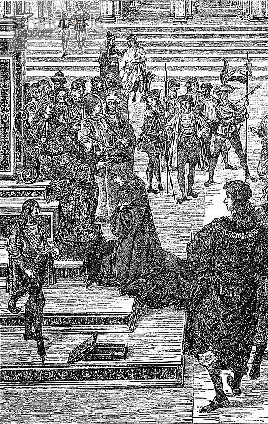 Friedrich III. überreicht Aeneas Silvius Piccolomini  dem späteren Papst Pius II.  den Gedichtkranz  Gemälde in der Dombibliothek in Siena  1880  Holzschnitt  Italien  Europa
