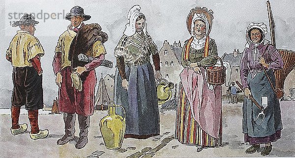 Menschen in Trachten  Mode  Kostüme  Kleidung in Belgien im 19. Jahrhundert  Illustration  Belgien  Europa