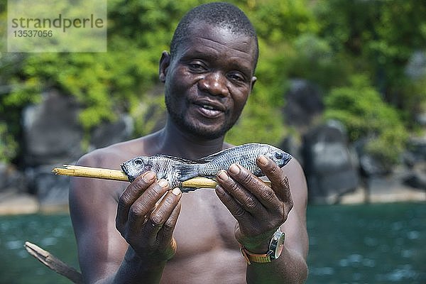Einheimischer mit frischen Fischen  Nkhata Bay  Malawisee  Malawi  Afrika