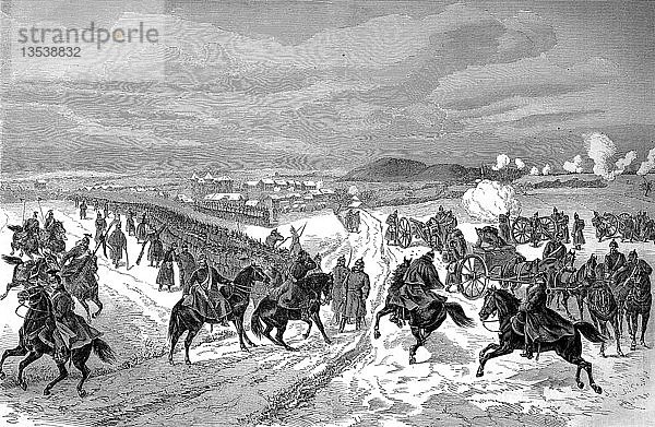 Die badischen Truppen in der Schlacht bei Montbeliard am 15. Januar 1871  Deutsch-Französischer Krieg 1870/71  Holzschnitt  Frankreich  Europa