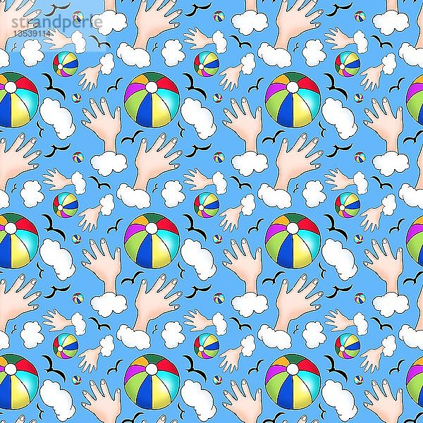 Geschenkpapier  Tapete  nahtlose Muster  bunte Strand Ball  Hände  Wolken und Vögel  Hintergrund blau  Deutschland  Europa