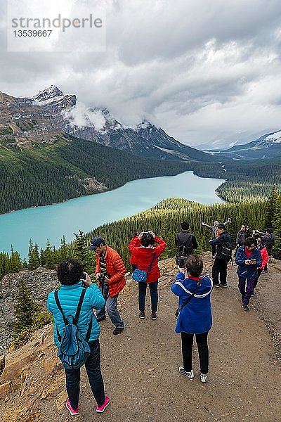 Asiatische Touristen posieren für ein Foto  türkisfarbener See  Peyto Lake  Rocky Mountains  Banff National Park  Provinz Alberta  Kanada  Nordamerika