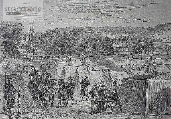 Schweizer Lager auf dem Bruderholz bei Basel  Deutsch-Französischer Krieg oder Deutsch-Französischer Krieg 1870/1871  Holzschnitt  Schweiz  Europa
