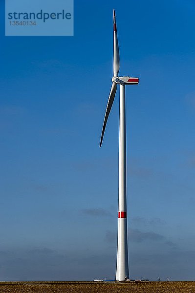Kürzlich errichtete Windkraftanlage vor blauem Himmel  Grevenbroich  Nordrhein-Westfalen  Deutschland  Europa