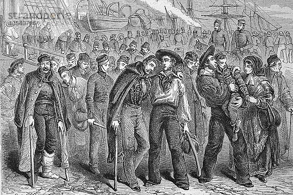 Krimkrieg  Rückkehr der verwundeten Soldaten der englischen Armee von der Krim  1857  Holzschnitt  England