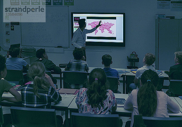 Schüler beobachten den Geografielehrer auf der Projektionsfläche im dunklen Klassenzimmer