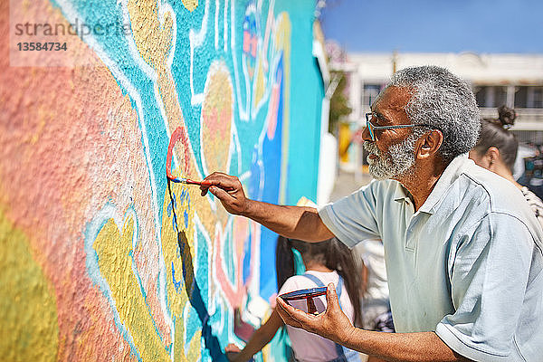 Älterer männlicher Freiwilliger malt ein lebendiges Wandbild an eine sonnige Wand