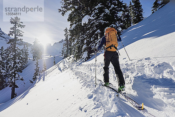 Skilangläufer auf einer sonnigen  schneebedeckten Loipe an einem sonnigen  idyllischen Berghang