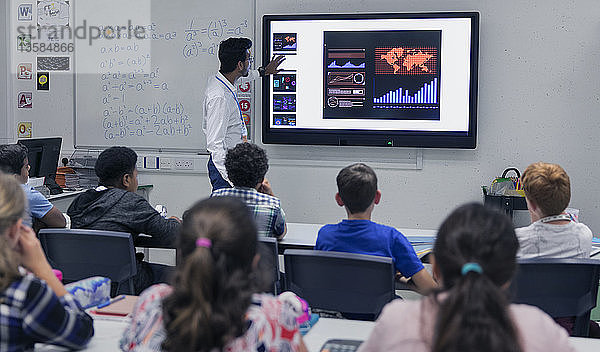 Männlicher Lehrer  der den Unterricht am Touchscreen-Fernseher im Klassenzimmer leitet