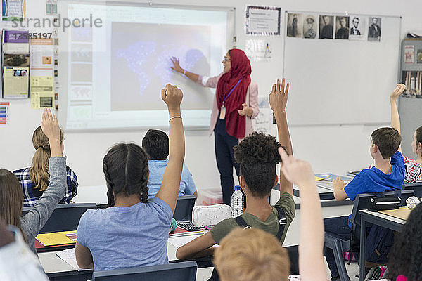 Weibliche Lehrerin im Hidschab unterrichtet an der Projektionsfläche im Klassenzimmer