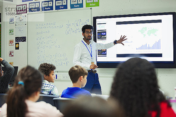 Männlicher Lehrer am Touchscreen  der den Unterricht im Klassenzimmer leitet