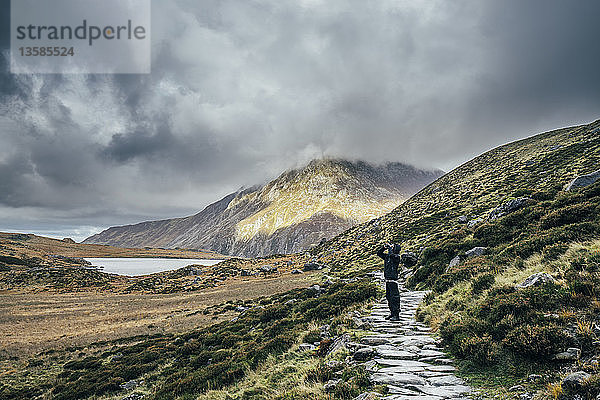 Mann auf Steinpfad in abgelegener  ruhiger Landschaft  Snowdonia NP  UK