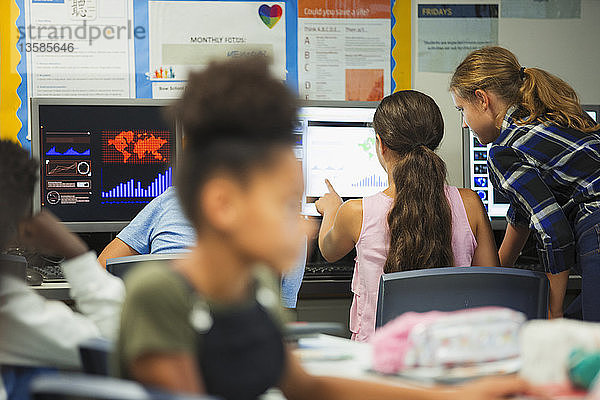 Schülerin der Junior High School benutzt Computer im Klassenzimmer