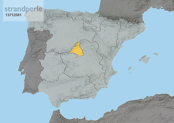 Reliefkarte von Madrid  Spanien. Dieses Bild wurde aus Daten der Satelliten LANDSAT 5 und 7 in Kombination mit Höhendaten erstellt.