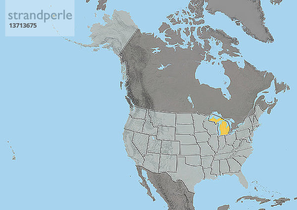 Reliefkarte des Bundesstaates Michigan  Vereinigte Staaten. Dieses Bild wurde aus Daten der Satelliten LANDSAT 5 und 7 in Kombination mit Höhendaten erstellt.