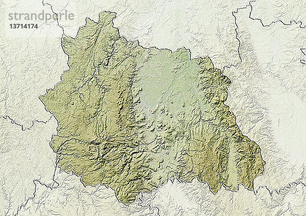 Reliefkarte des Departements Puy-de-Dome  Frankreich. Es ist bekannt für die Chaine-des-Puys  eine in Nord-Süd-Richtung verlaufende Kette von über 60 Vulkanen. Dieses Bild wurde aus Daten der Satelliten LANDSAT 5 und 7 in Kombination mit Höhendaten erstellt.