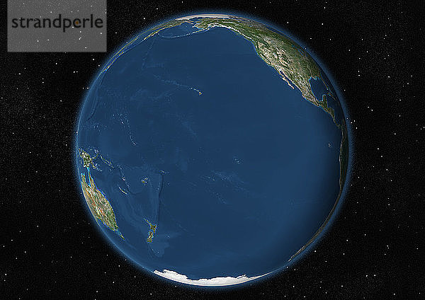 Diese Satellitenansicht zeigt den Erdglobus auf Sternenhintergrund mit Fokus auf den Pazifischen Ozean.