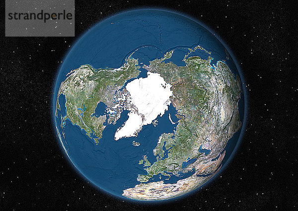 Diese Satellitenansicht zeigt die Erdkugel auf Sternenhintergrund mit Fokus auf den Nordpol  mit Meeresrelief.