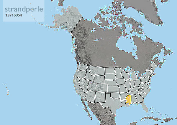 Reliefkarte des Bundesstaates Mississippi  Vereinigte Staaten. Dieses Bild wurde aus Daten der Satelliten LANDSAT 5 und 7 in Kombination mit Höhendaten erstellt.