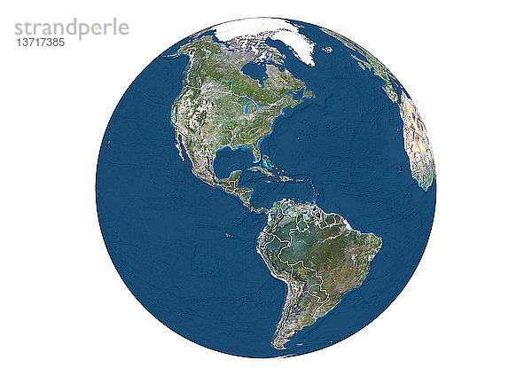 Diese Satellitenansicht zeigt den Erdglobus auf weißem Hintergrund mit Schwerpunkt auf Nord- und Südamerika  mit Ländergrenzen und Meeresrelief.