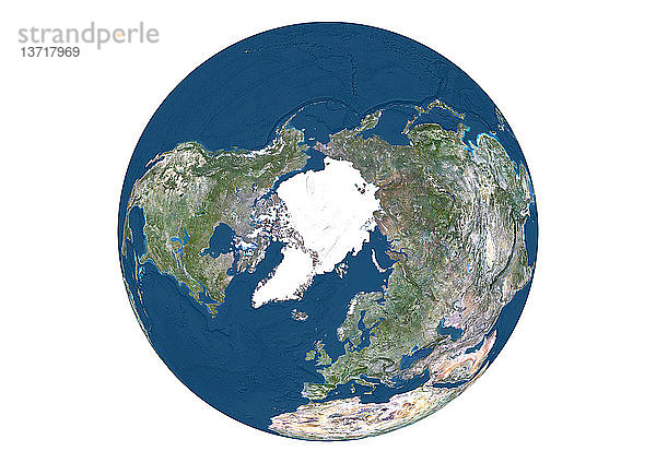 Diese Satellitenansicht zeigt den Erdglobus auf weißem Hintergrund mit Fokus auf den Nordpol  mit Meeresrelief.