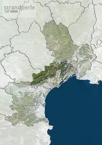 Satellitenbild des Departements Herault im Languedoc-Roussillon  Frankreich. Im Norden befinden sich die Cevennen und im Süden das Mittelmeer. Dieses Bild wurde aus Daten zusammengestellt  die von den Satelliten LANDSAT 5 und 7 erfasst wurden.