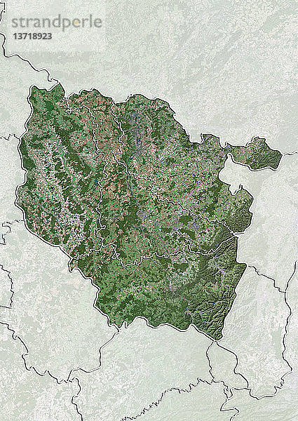 Satellitenbild von Lothringen  Frankreich  mit regionalen Grenzen. Dieses Bild wurde aus Daten der Satelliten LANDSAT 5 und 7 zusammengestellt.