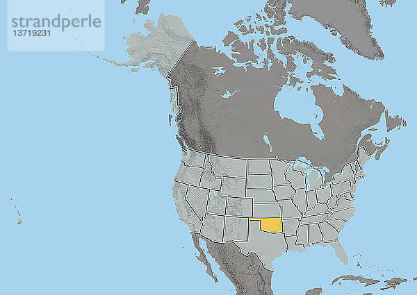 Reliefkarte des Bundesstaates Oklahoma  Vereinigte Staaten. Dieses Bild wurde aus Daten der Satelliten LANDSAT 5 und 7 in Kombination mit Höhendaten erstellt.