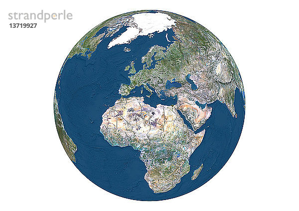 Diese Satellitenansicht zeigt den Erdglobus auf weißem Hintergrund mit Schwerpunkt auf Europa und Afrika  mit Ländergrenzen und Meeresrelief.
