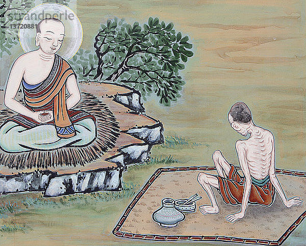 Das Leben des Buddha. Bei einem Ausflug vor die Tore des Palastes begegnete Prinz Siddartha vier Bildern: Alter  Krankheit  Tod und ein asketischer spiritueller Sucher.