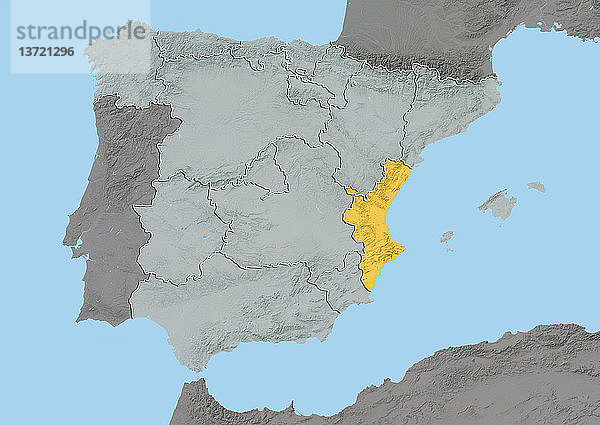 Reliefkarte von Valencia  Spanien. Dieses Bild wurde aus Daten der Satelliten LANDSAT 5 und 7 in Kombination mit Höhendaten erstellt.