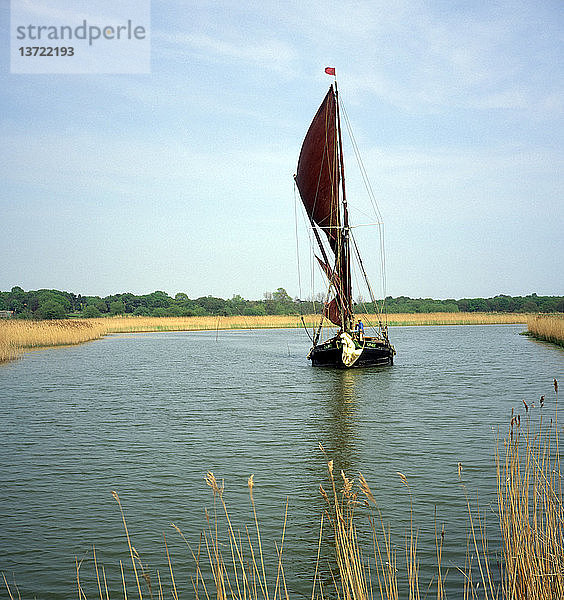 Traditioneller Segelkahn Cygnet inmitten von Schilfgürteln auf dem Fluss Alde bei Snape  Suffolk  England