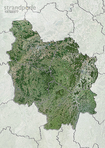 Satellitenbild von Burgund  Frankreich  mit regionalen Grenzen. Dieses Bild wurde aus Daten zusammengestellt  die von den Satelliten LANDSAT 5 und 7 erfasst wurden.