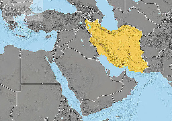 Reliefkarte von Iran im Nahen Osten mit Ländergrenzen. Diese Karte wurde aus Höhendaten erstellt.